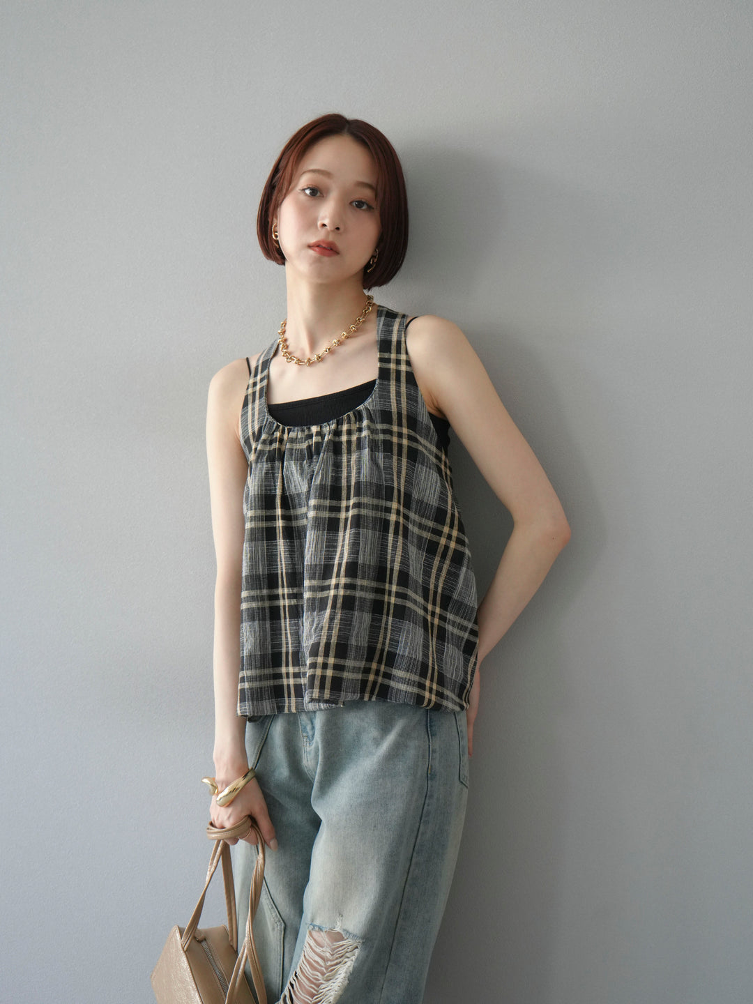 [予約]チェッククロスキャミプルオーバー/ブラック