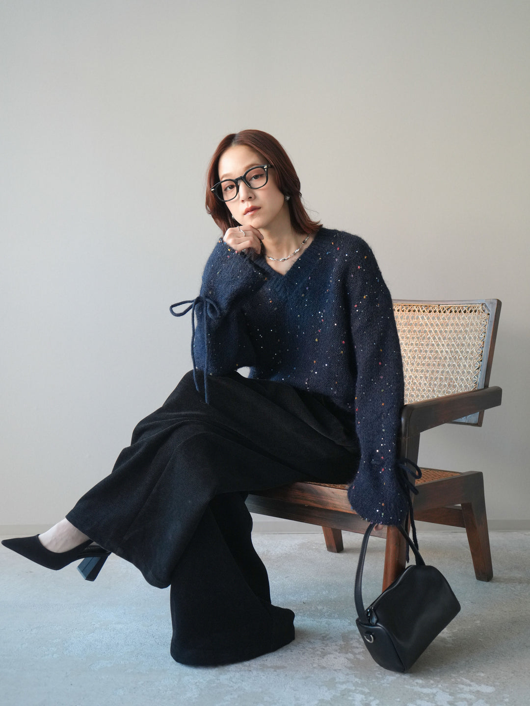 [SET]キャンディースリーブカラーネップスパンコールニットプルオーバー+ベルトデザインループコールテンワイドパンツ(ベルト付き)(2set)