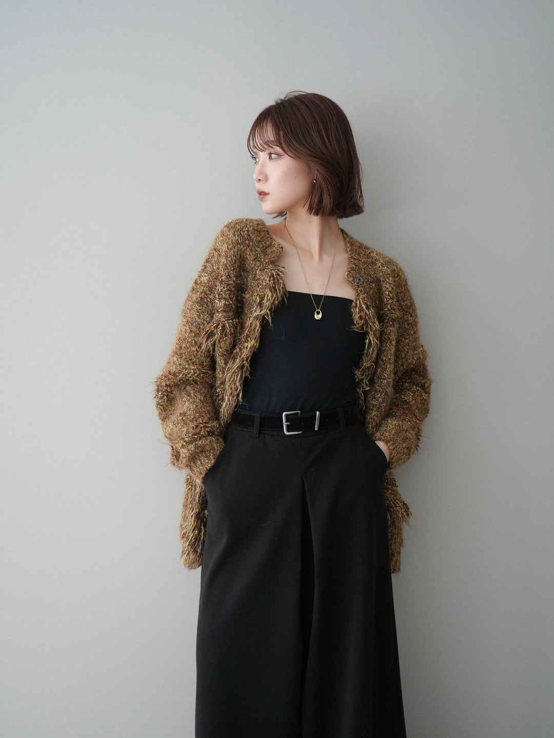 [SET]ミックスヤーンフリンジデザインニットジャケット+ストーンフォークリング(2set)