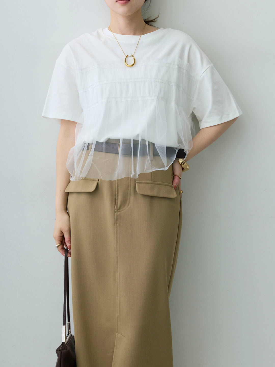 [SET]ギャザーチュールドッキングTEE+クレープデシンフラップ付きストレートスカート(2set)