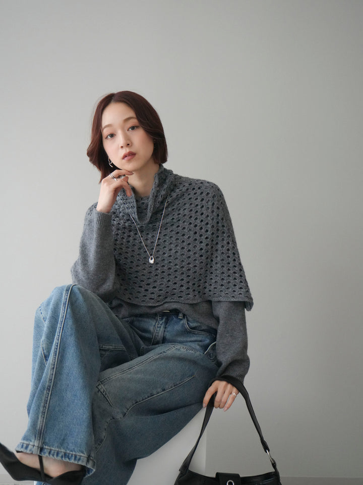 [予約]メッシュケープアンサンブルニットプルオーバー/darkgray