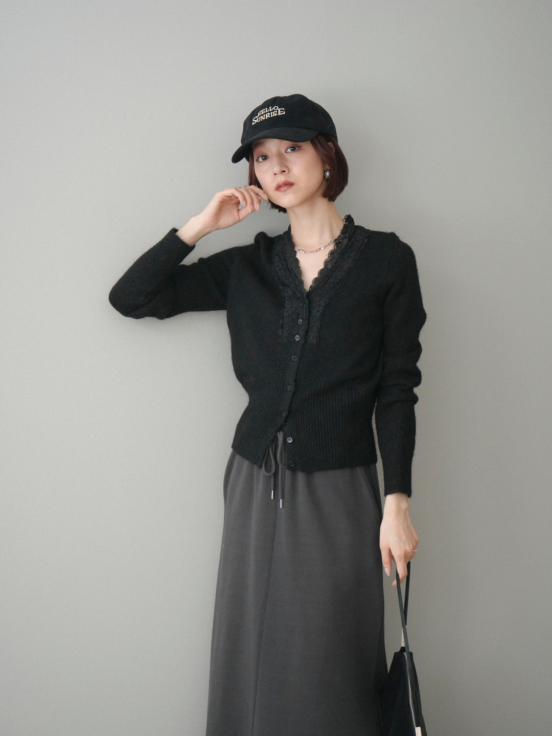 [SET]レースネックコンパクトニットカーディガン+選べるアクセセット(2set)