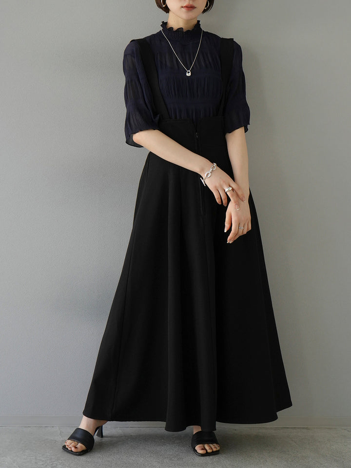 [SET] Shirring chiffon half sleeve blouse + 2WAY flare jumper skirt (2set)