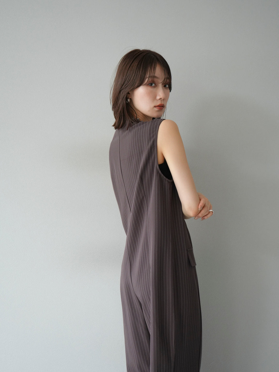 [予約]ストライプラップデザインオールインワン/ブラウン