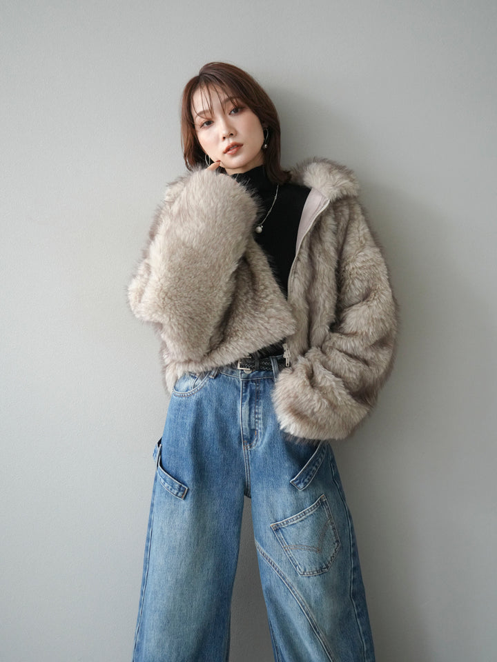 [予約]フェイクファーショートZIPジャケット/beigemix