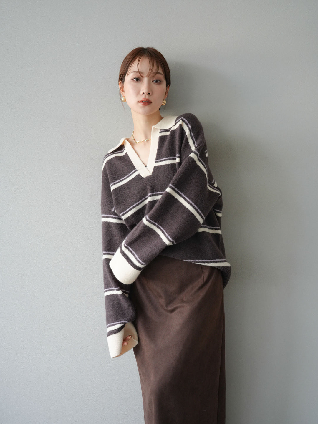 [SET]ポロ襟スキッパーボーダーニットプルオーバー+スウェードIラインスカート(2set)