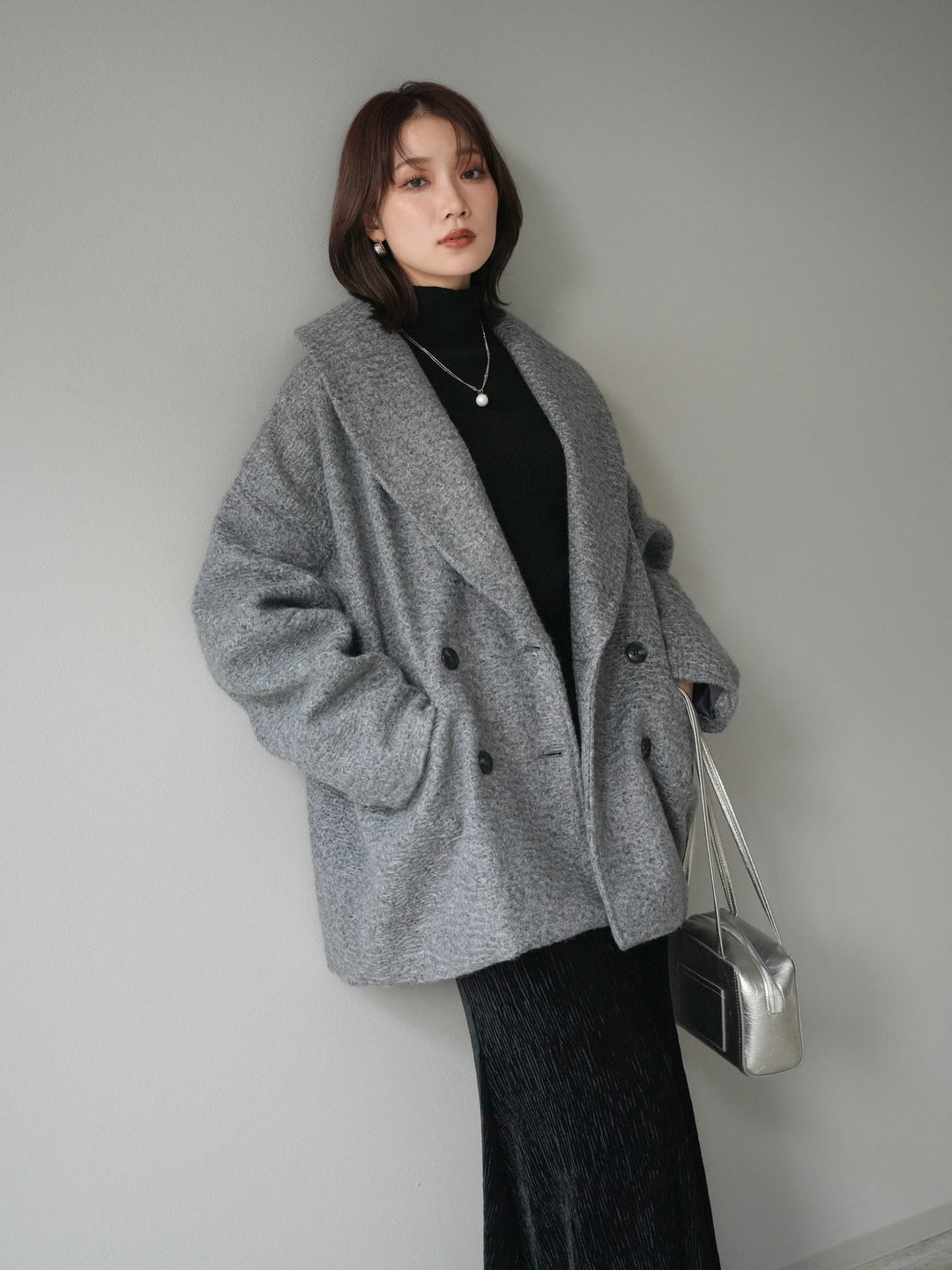[予約]ロービング襟付きミドルコクーンコート/charcoal