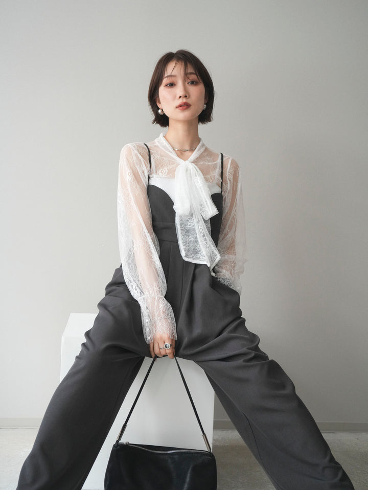 [SET]バックデザインサロペット+リバーレースボウタイトップス(2set)