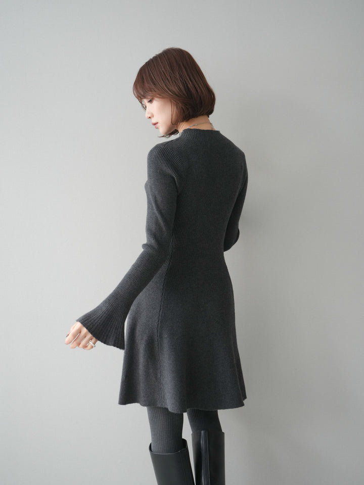 【預購】喇叭形羅紋針織迷你洋裝 / 灰色