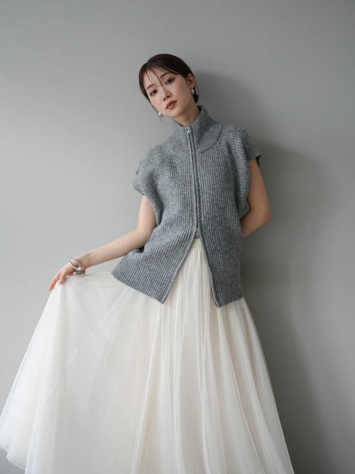 [予約]ダブルZIPハイネック畦編みニットベスト/杢グレー