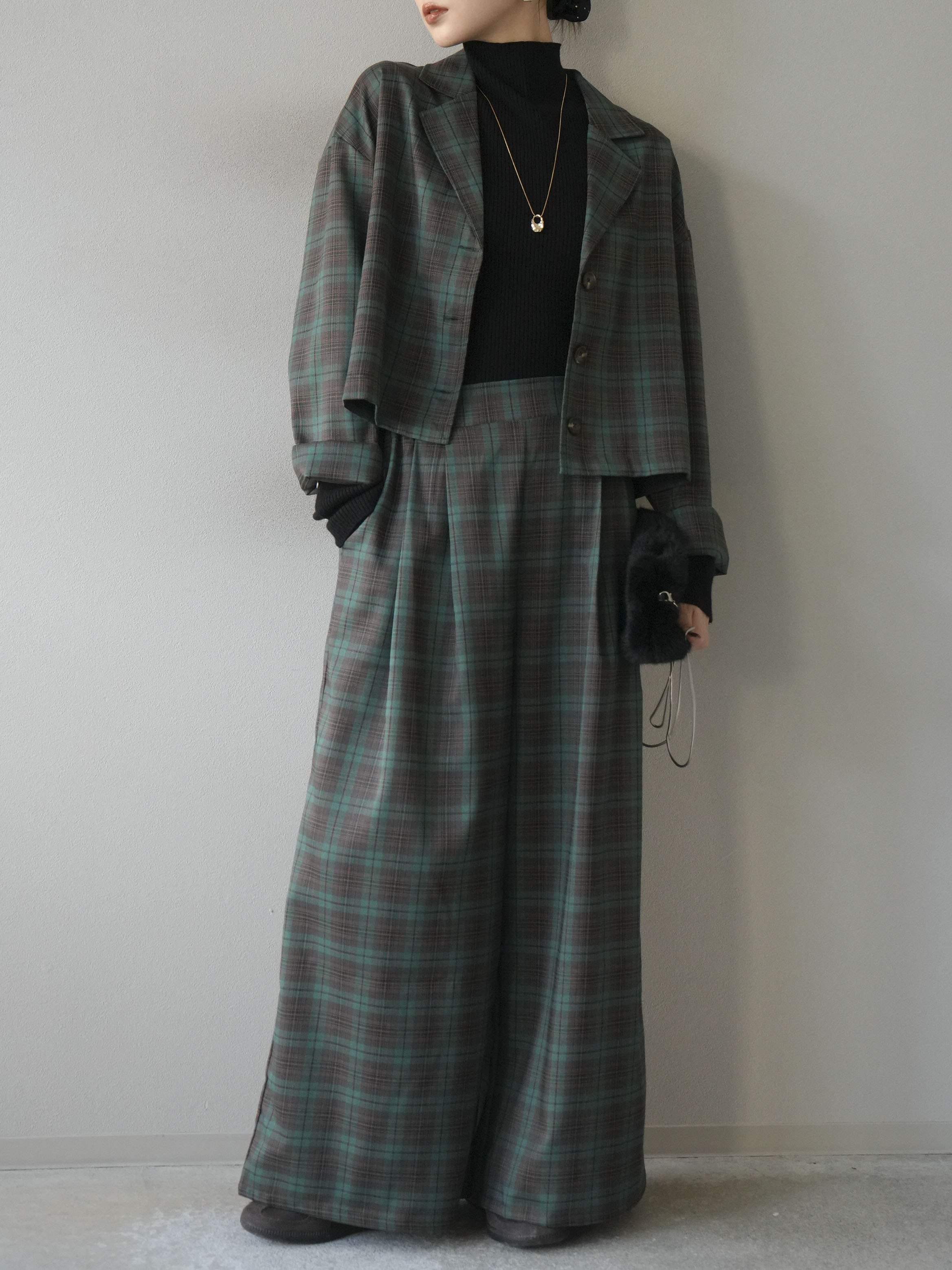 SET]チェック柄ショートジャケット+チェック柄イージーパンツ(2set