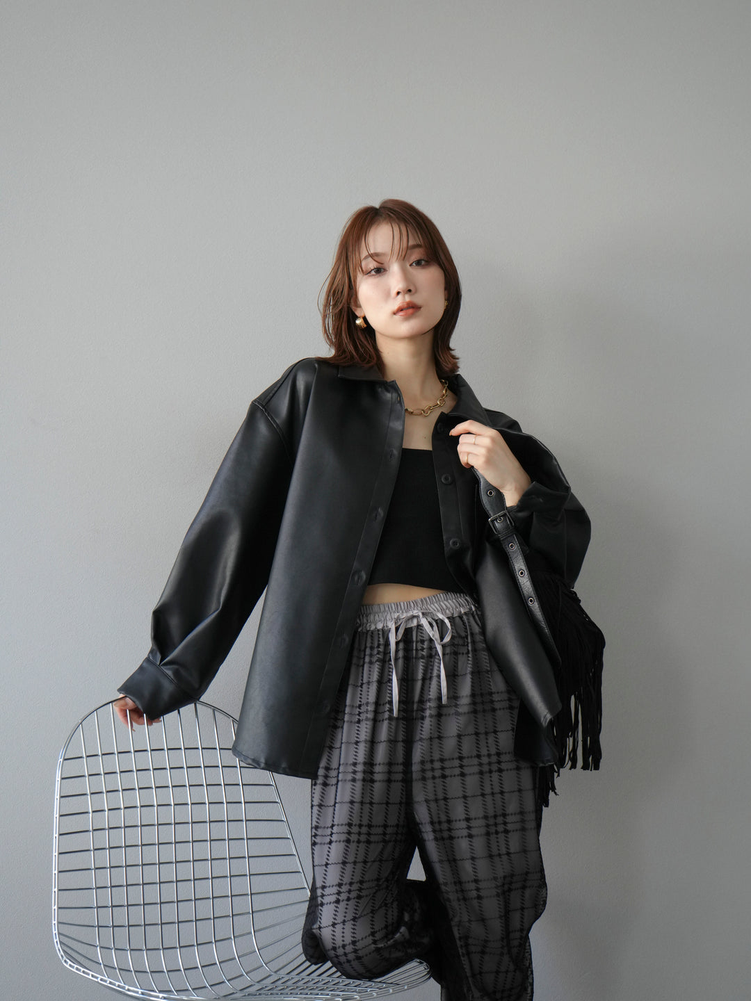 [予約]フェイクレザーシャツ/ブラック