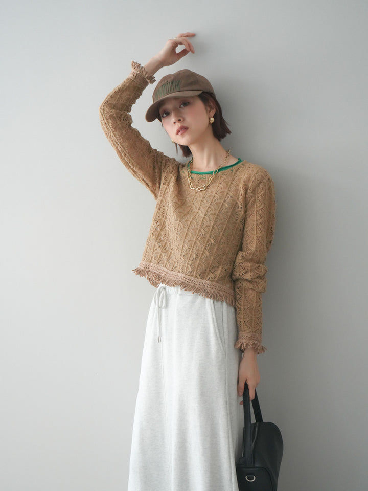 [予約]扇透かし編みクロップドニットプルオーバー/beige