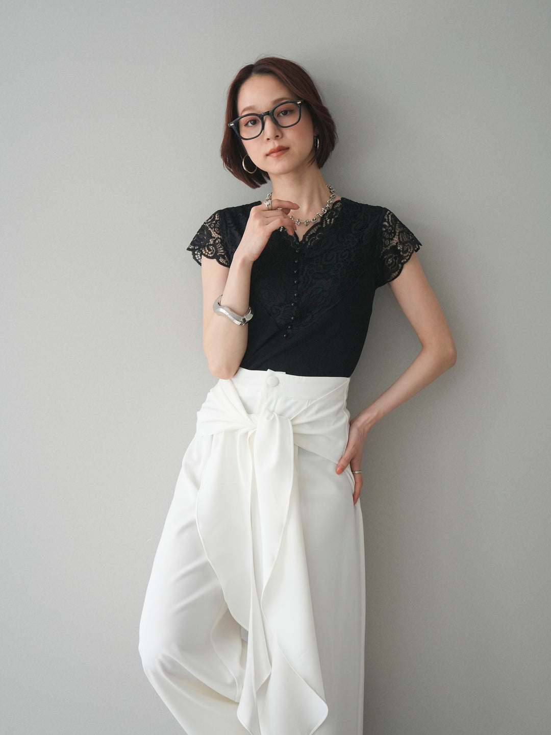 [SET]パールボタンレース切替ニットトップス+ラッフルベルトワイドパンツ(2set)