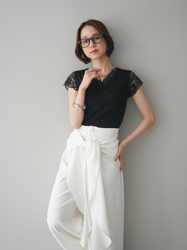 [SET]パールボタンレース切替ニットトップス+ラッフルベルトワイドパンツ(2set)