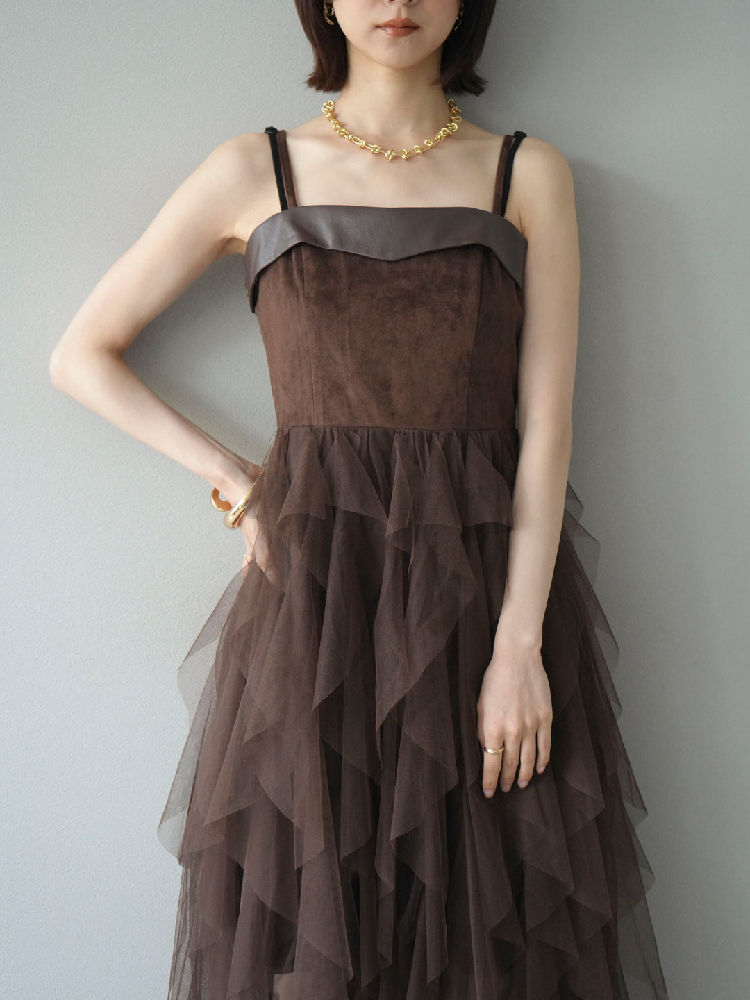 [予約]レザー切替チュールラッフルワンピース/brown