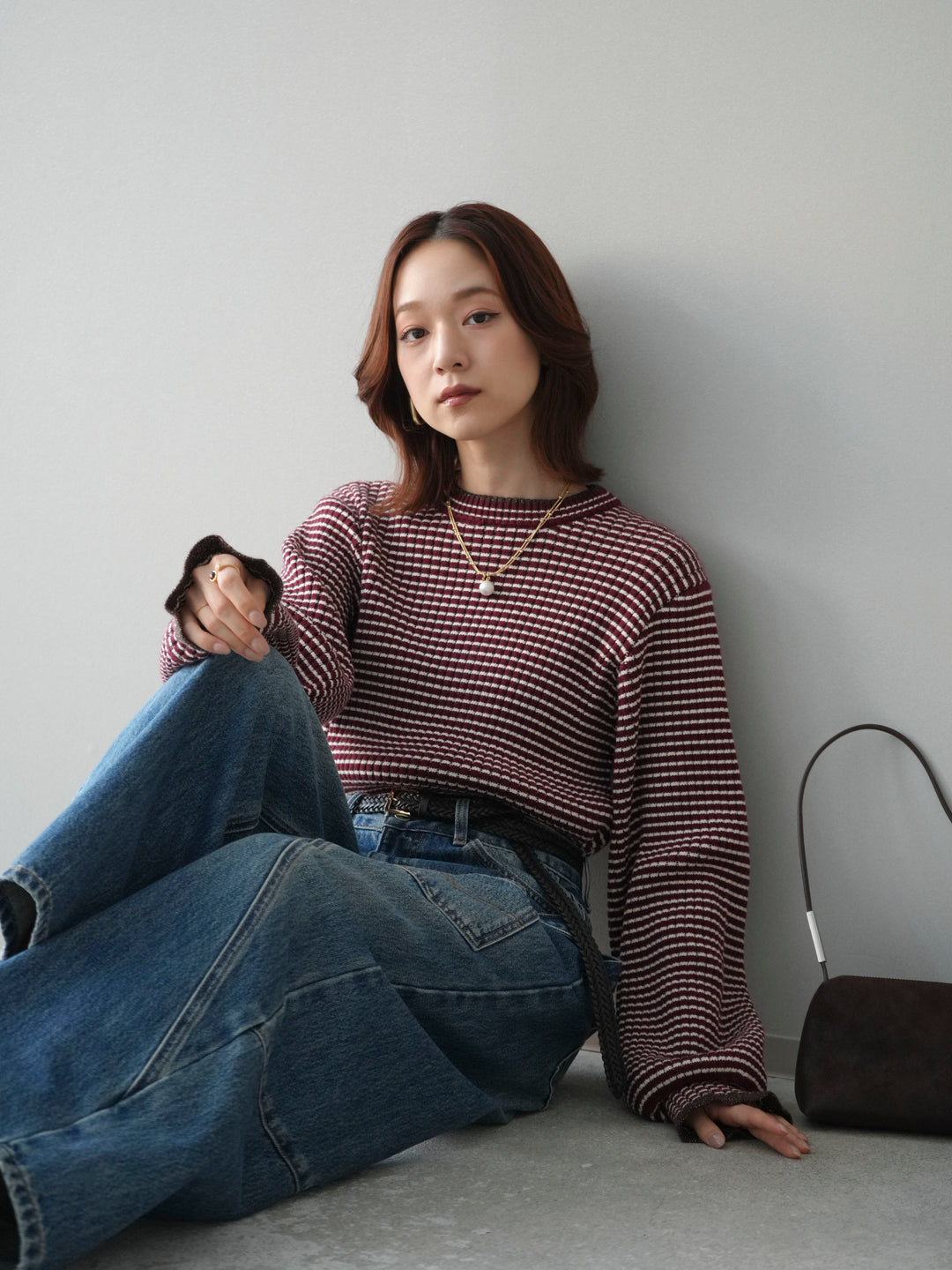 [SET]ラメ異素材ボーダーリブニットプルオーバー+ペインターカーブデニムパンツ(2set)