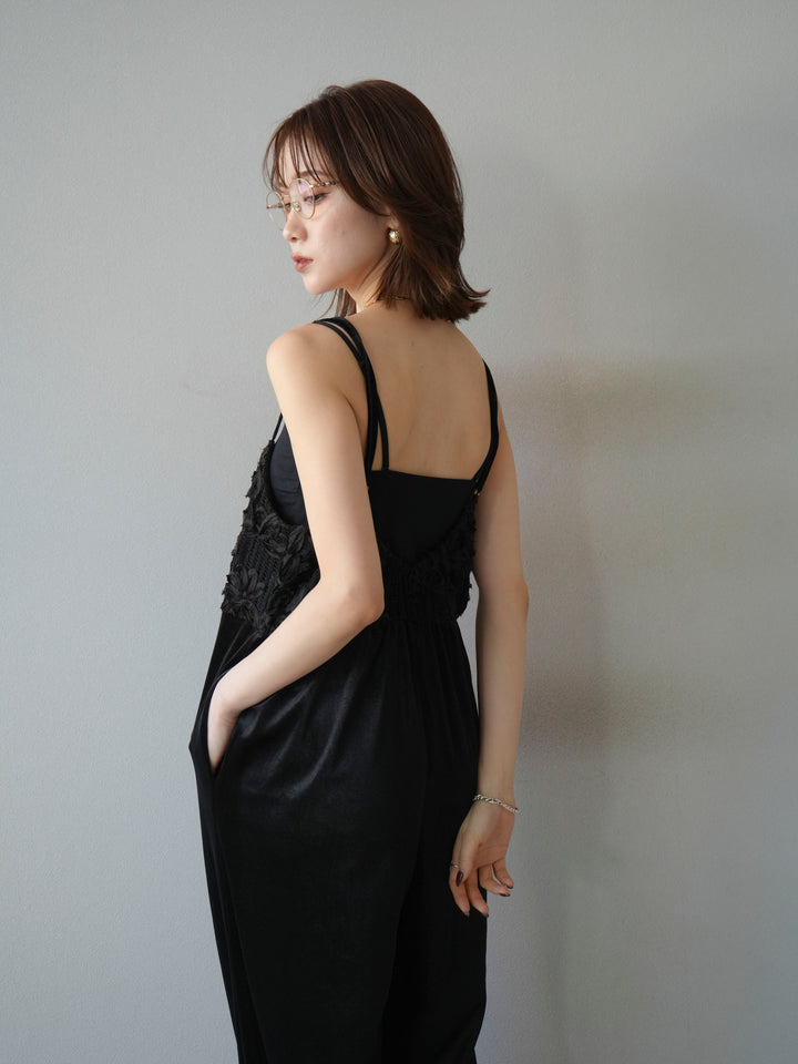 [予約]ジャガード切替ベロアサロペット/ブラック