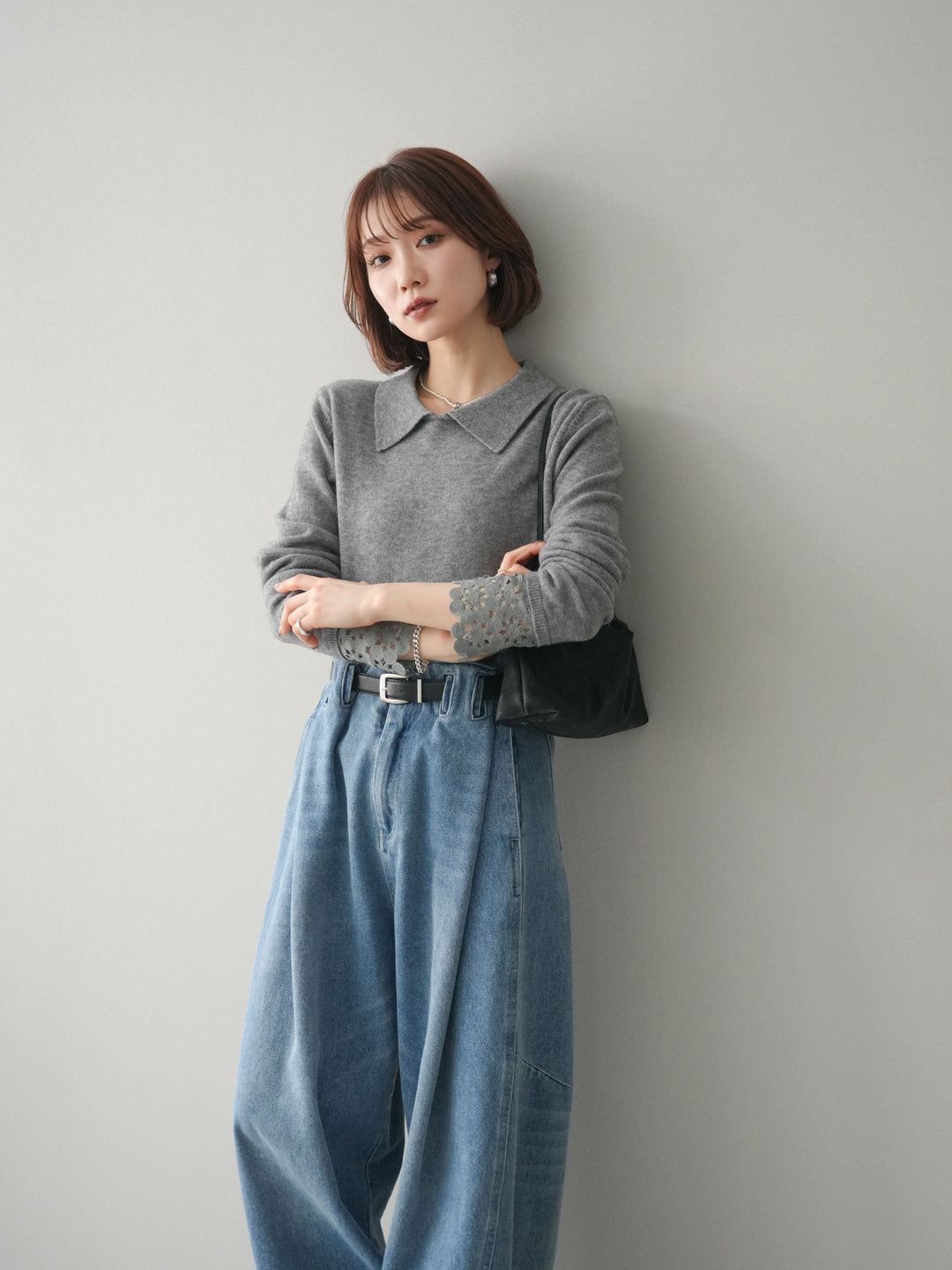 [SET]スカラップレース袖襟付きニットトップス+選べるアクセセット(2set)