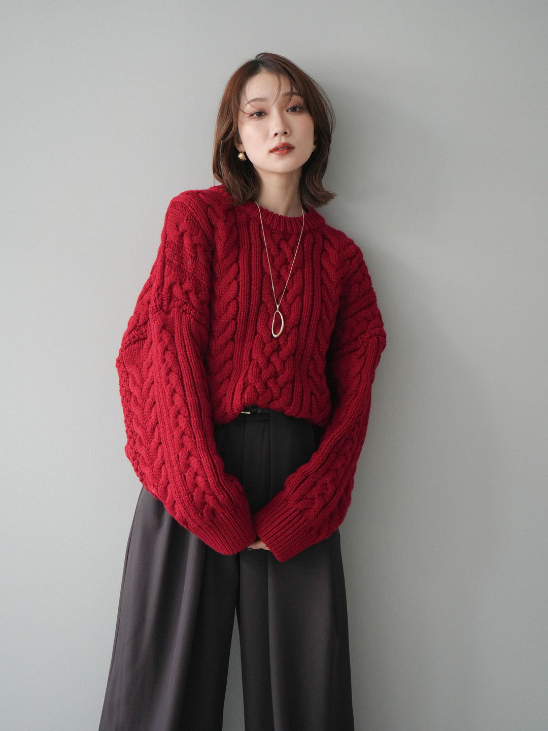 [予約]ボリュームケーブルニットプルオーバー/red