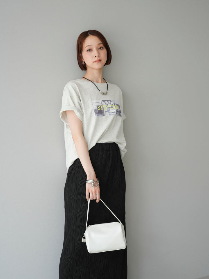 [SET]ネオンロゴコラージュフォトプリントオーバーTシャツ+ウェーブパイピングタイトスカート(2set)
