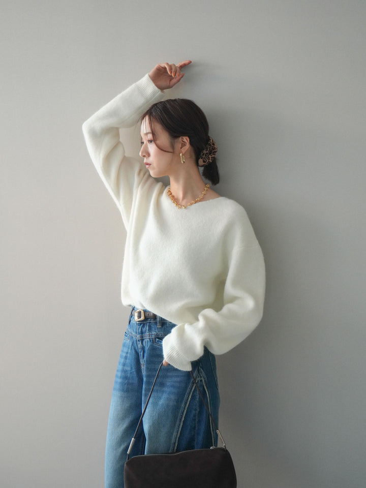 [SET]シュシュ付きアンゴラタッチVネックニットプルオーバー+サイドフリンジワイドデニムパンツ(2set)