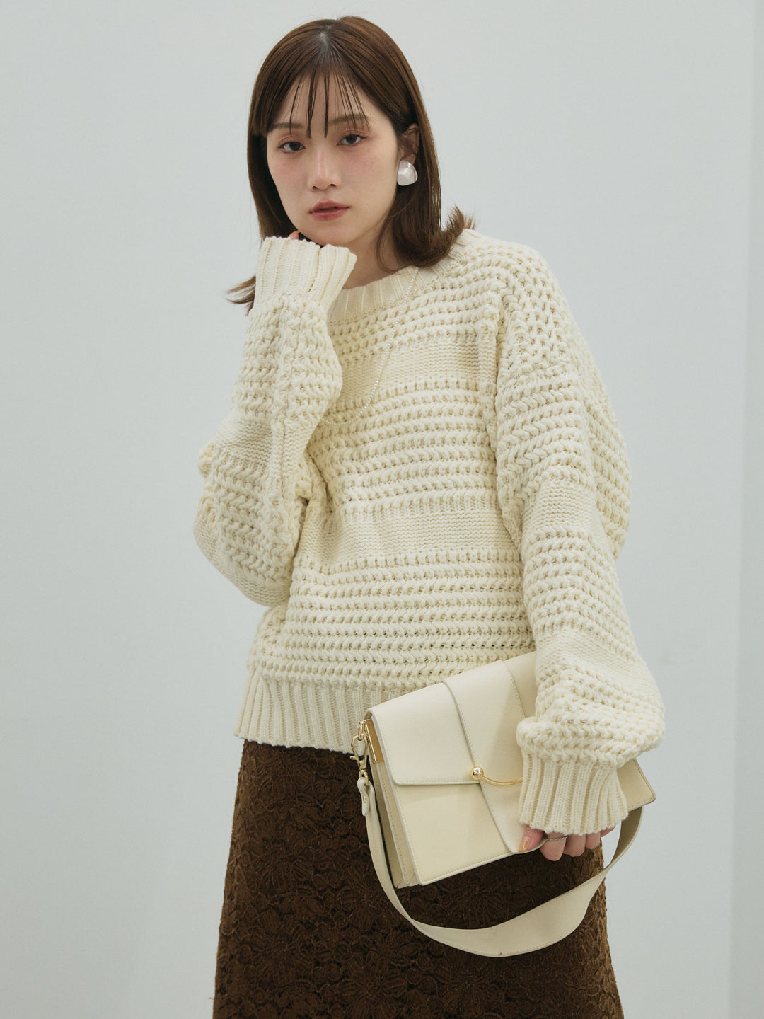 【Allure】[SET]ライン編みニットプルオーバー+起毛レースストレッチナロースカート(2set)