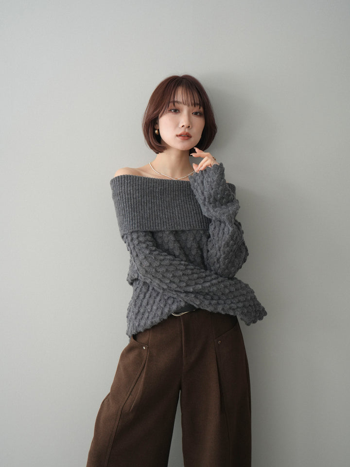 [SET]ポコポコ編みオフショルニットプルオーバー+ベルト付起毛コクーンパンツ(2set)