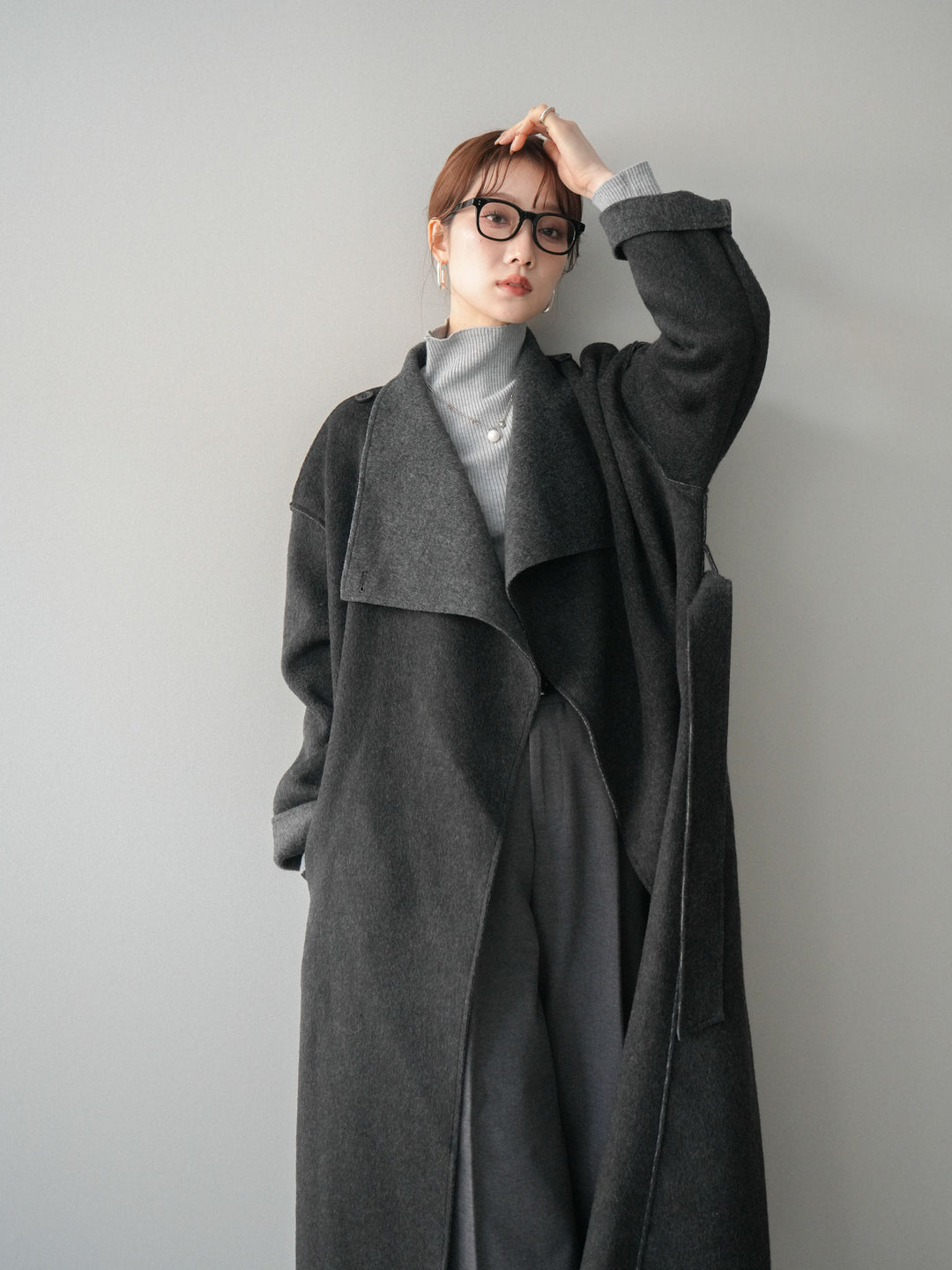 [予約]ダブルフェイスバイカラーロングコート/charcoal