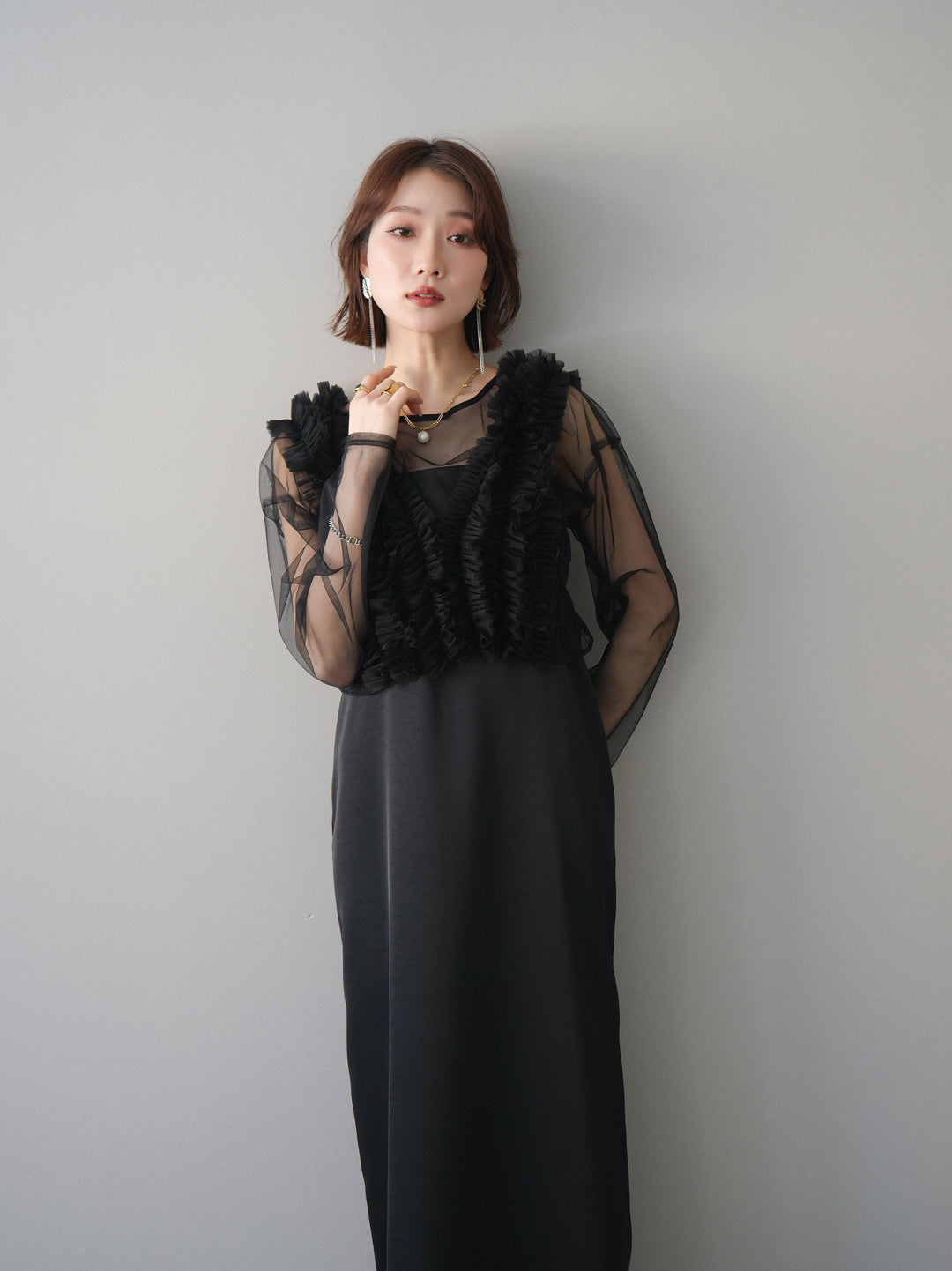 [予約]チュールフリルアンサンブルキャミソールドレス 3点SET/black