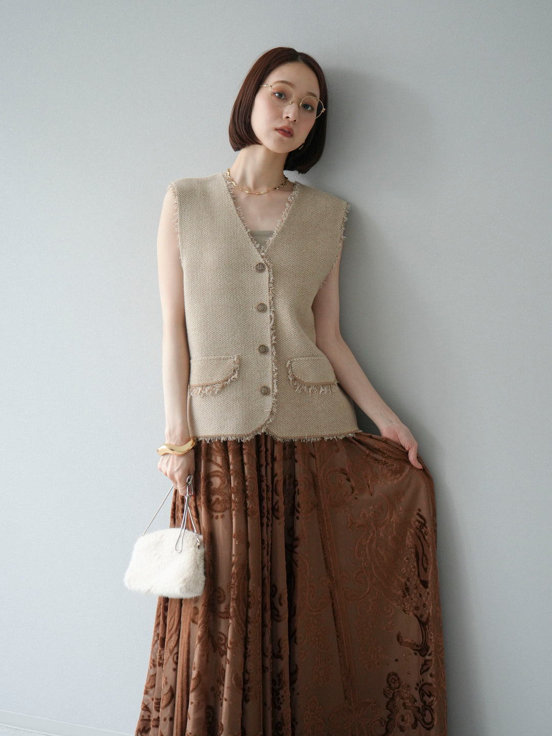 [予約]ツイードライクフリンジニットベスト/ベージュ
