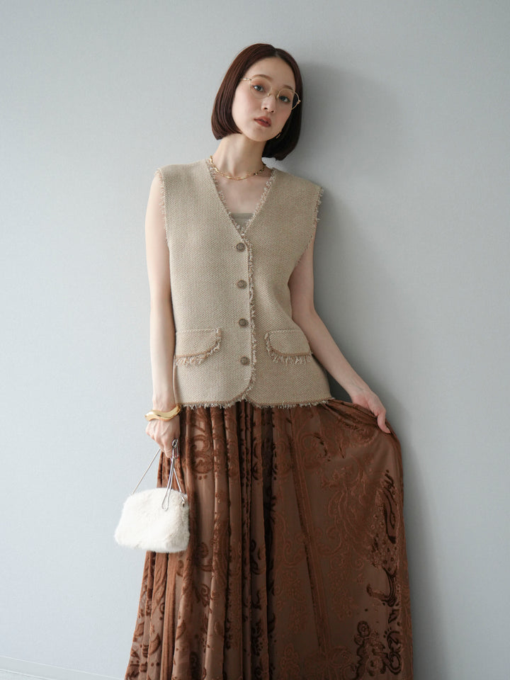 [予約]ツイードライクフリンジニットベスト/ベージュ
