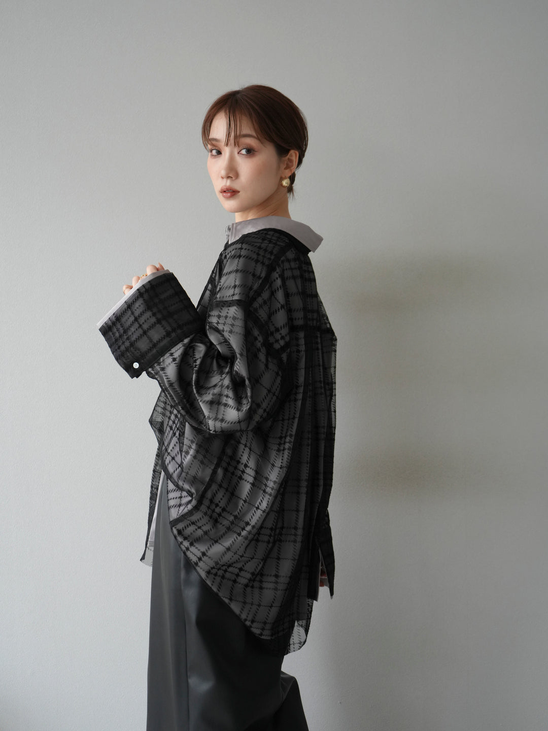 [予約]チェック柄チュールシャツアンサンブル/ブラック