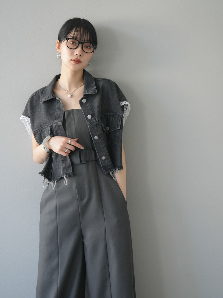 [予約]袖レースダメージデニムショートジャケット/ブラック