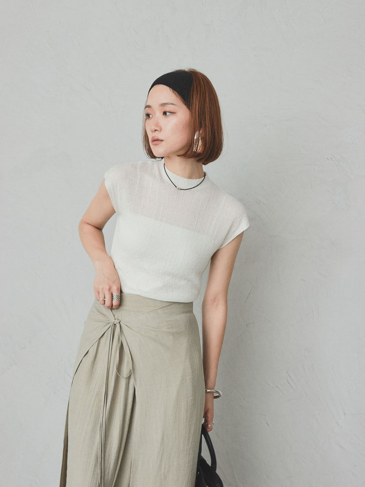 [SET]フレンチスリーブシアーニットトップス+ワッシャーサテンレイヤードスカートパンツ(2set)