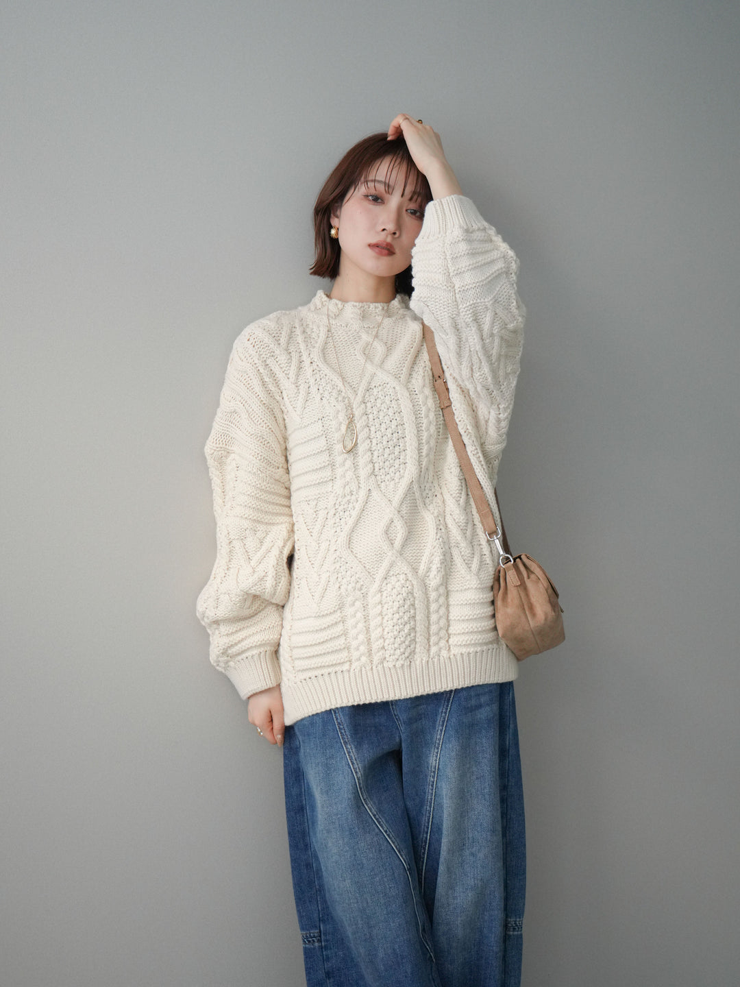 [SET]ケーブル編みモックネックニットプルオーバー+選べるアクセセット(2set)