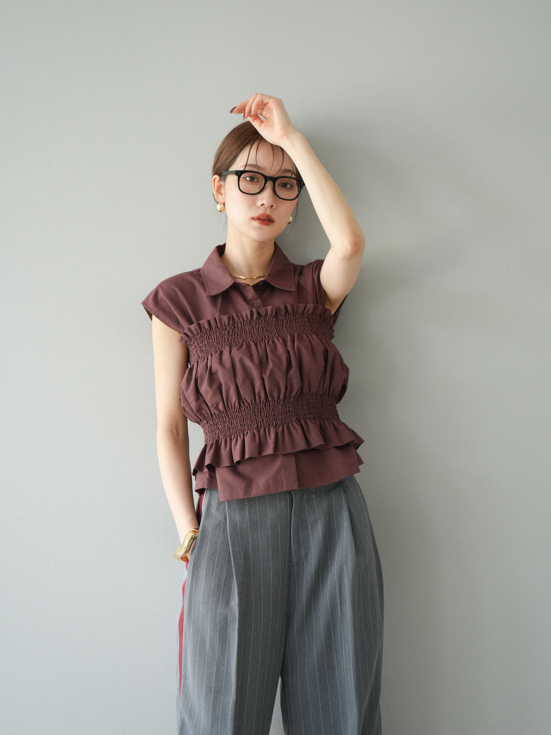 [予約]ブロードシャーリングビスチェ＆ノースリブラウスSET /ブラウン