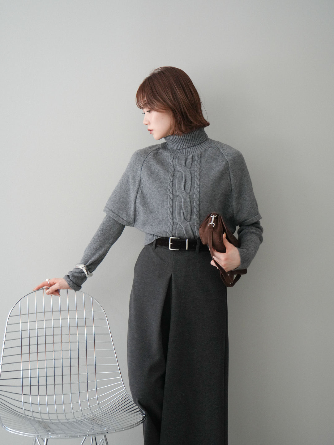 [予約]ケーブル編みタートルハーフスリーブニットアンサンブル/gray