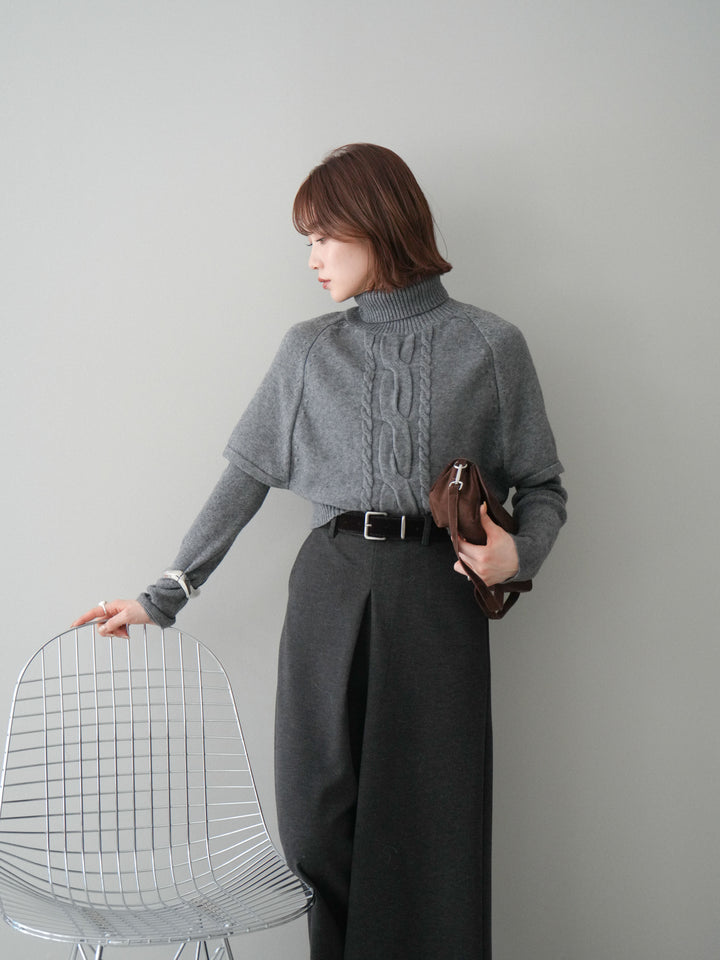 [予約]ケーブル編みタートルハーフスリーブニットアンサンブル/gray