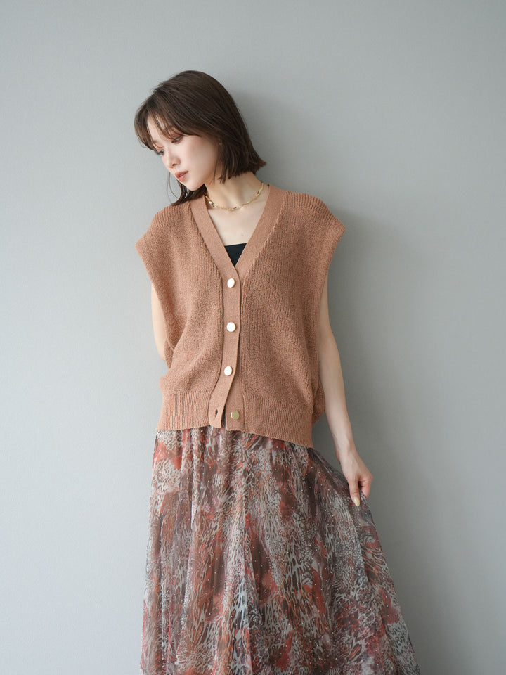 [予約]ゴールドボタンVネックニットカーディガン/ベージュ