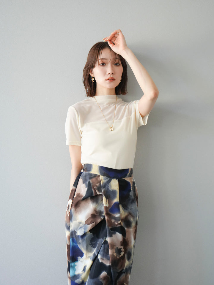 [SET] 透視半袖上衣 + 水彩印花褶襉I字裙 (2set)