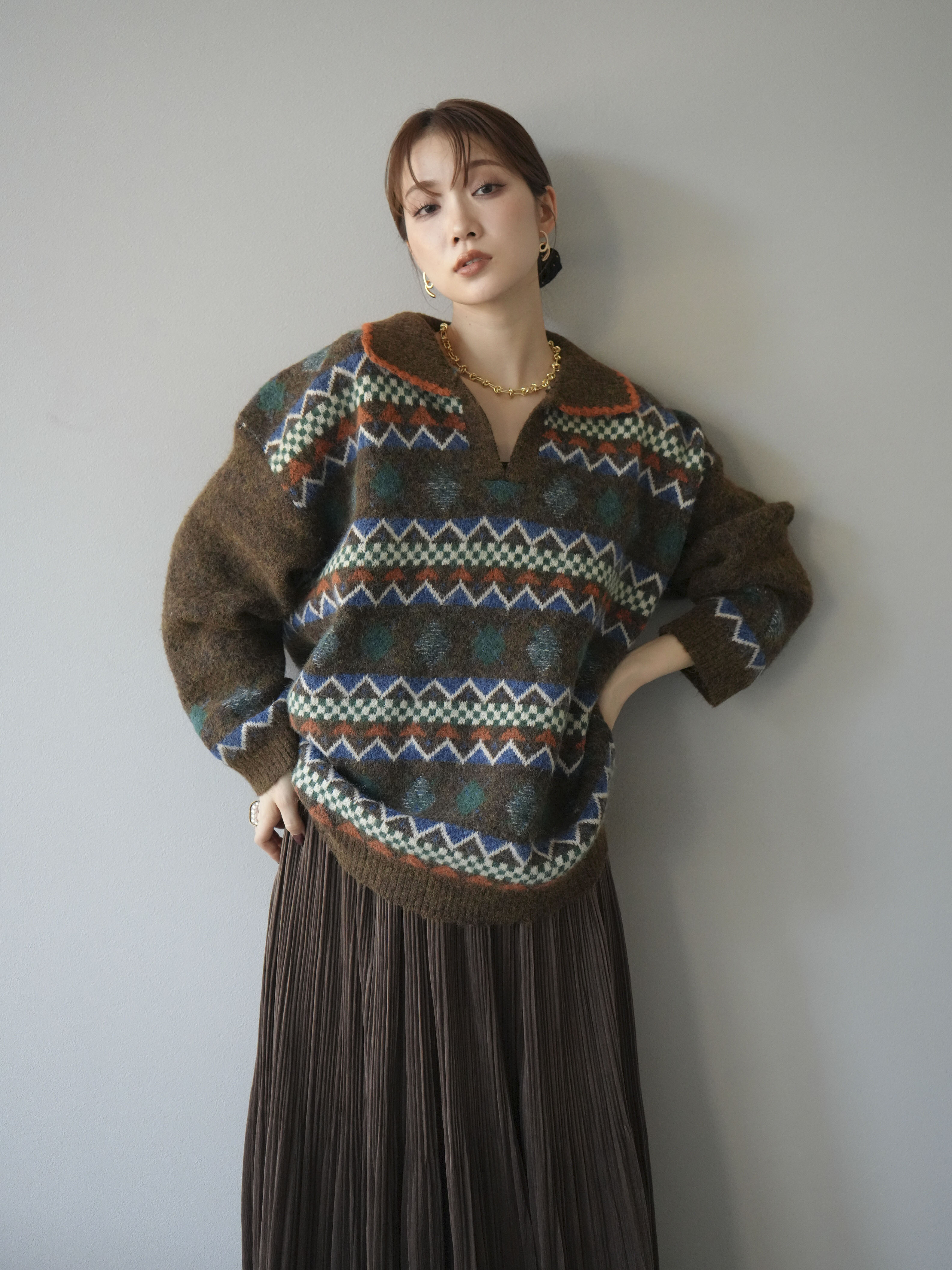 予約]ノルディック柄ポロニットプルオーバー/ブラウン – Lumier