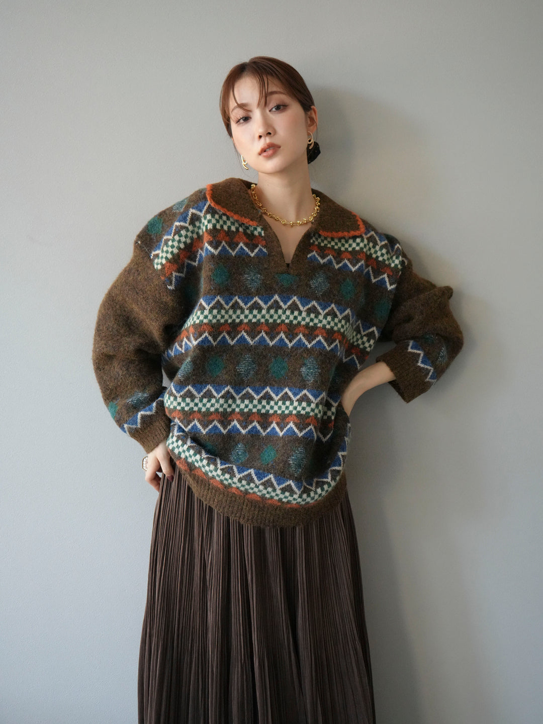 [予約]ノルディック柄ポロニットプルオーバー/ブラウン