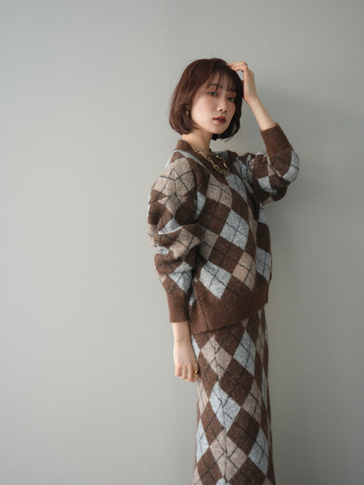 [SET]アーガイルニットプルオーバー&ロングスカートSET UP(2set)