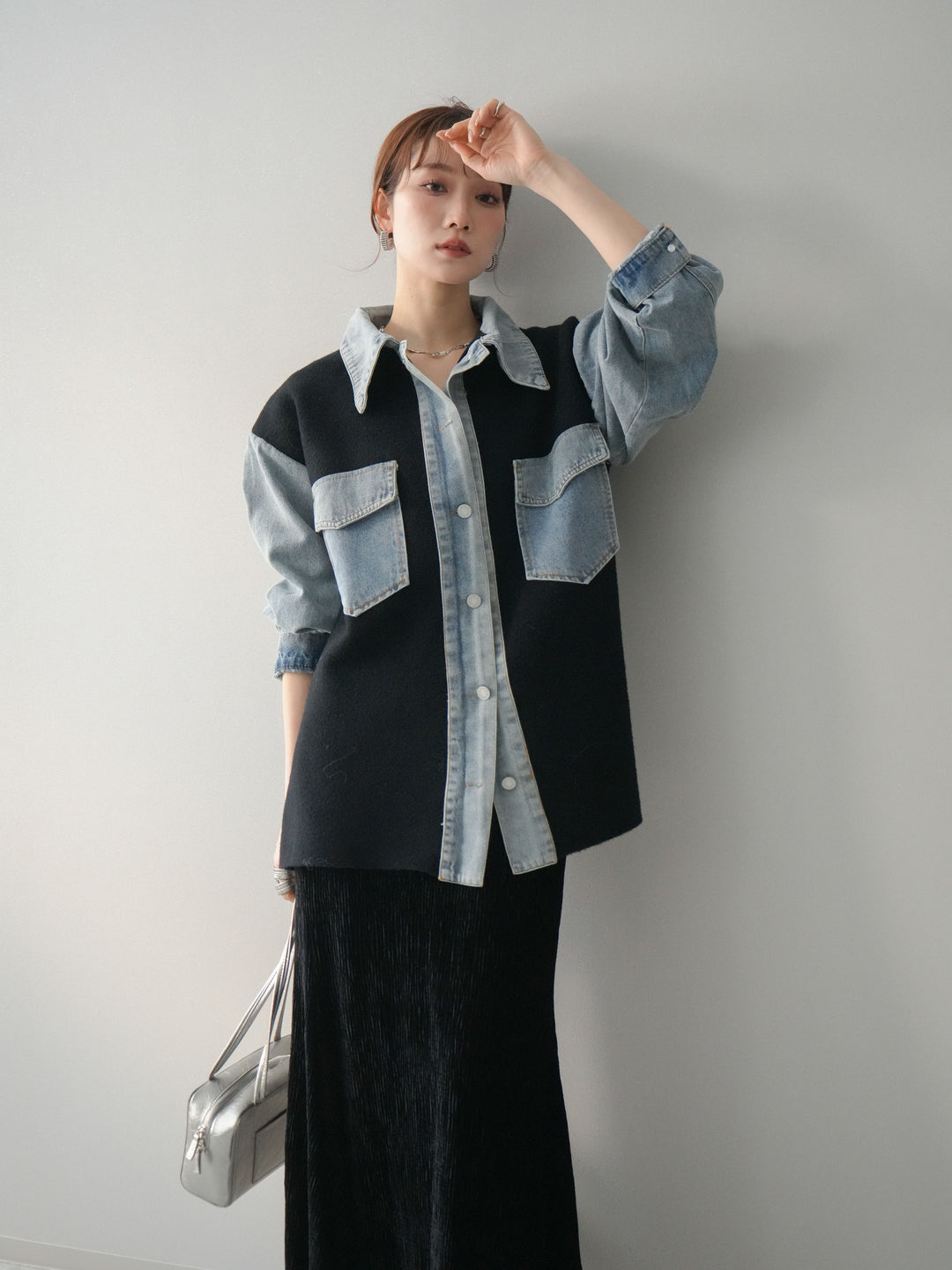 [予約]デニム襟ダブルフェイスニットカーディガン/black