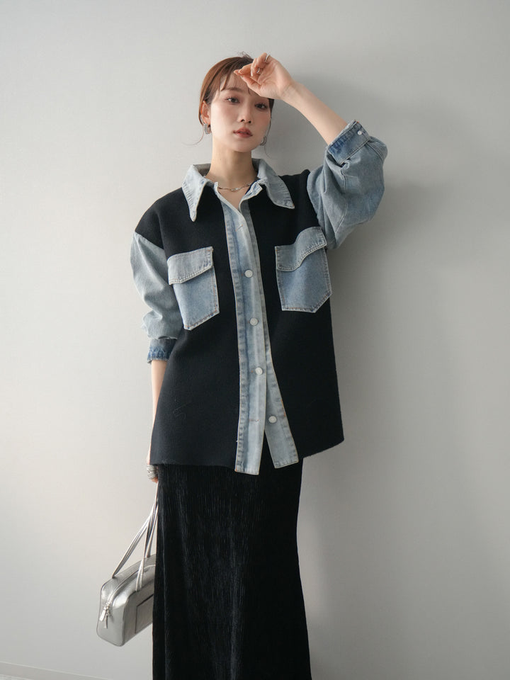 [予約]デニム襟ダブルフェイスニットカーディガン/black