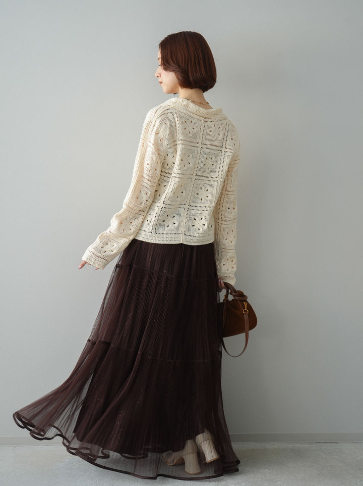 [予約]ラメプリーツレイヤードチュールロングスカート/brown
