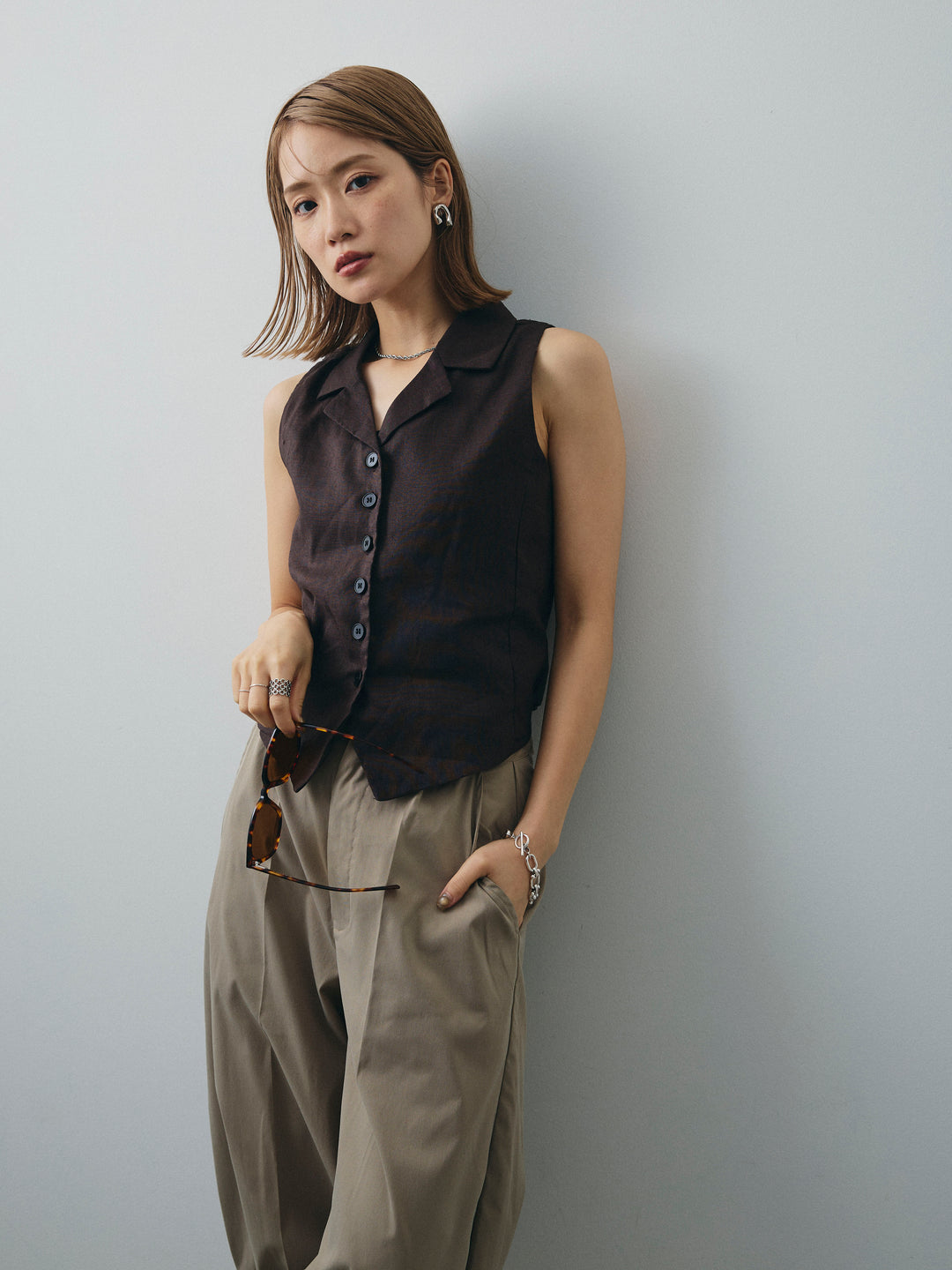 [SET]リネンライクテーラードジレ+コクーンワイドチノパンツ(2set)