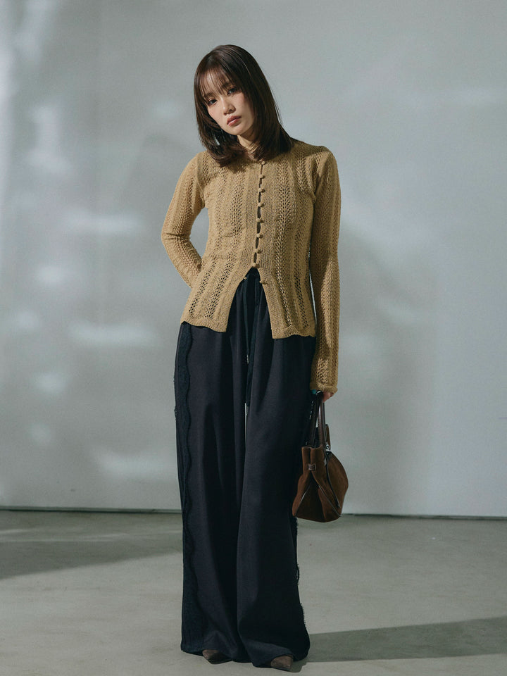 [予約]サイドピンタックレースイージーワイドパンツ/black