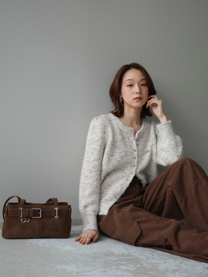 [予約]ブローチ付silverボタンミックスニットカーディガン/beige